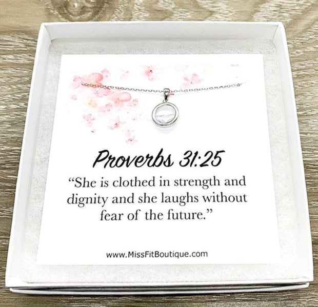 Proverbs 31:25 Card, Round Crystal Necklace, Sterling Silver Solitaire Pendant, Strength Jewelry, Gift for Friend, Cheer Up Gift