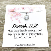 Proverbs 31:25 Card, Round Crystal Necklace, Sterling Silver Solitaire Pendant, Strength Jewelry, Gift for Friend, Cheer Up Gift