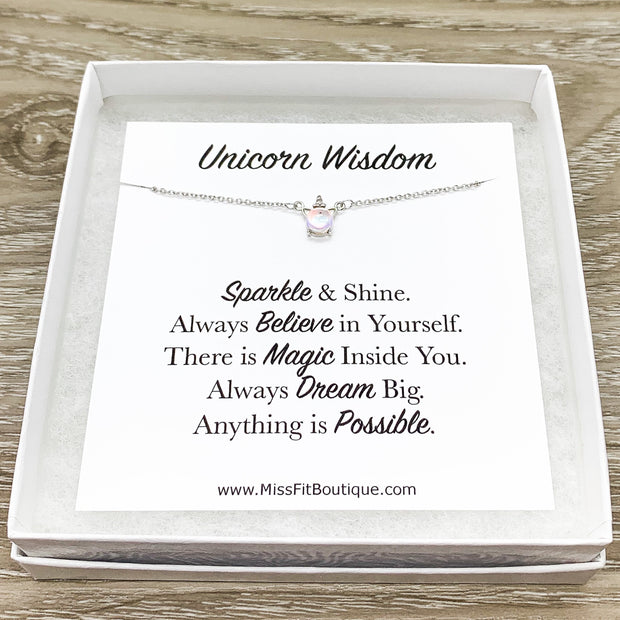 Opalite Unicorn Necklace Gift Box, Unicorn Wisdom Card, Unicorn Jewelry, Unicorn Lover Gift, Unicorn Pendant, Teen Girl Gift, Birthday Gift