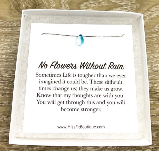 No Flowers Without Rain Card, Tiny Blue Tear Drop Necklace, Strength Gift, Water Drop Jewelry, Gift for Daughter, Uplifting Gift for Her