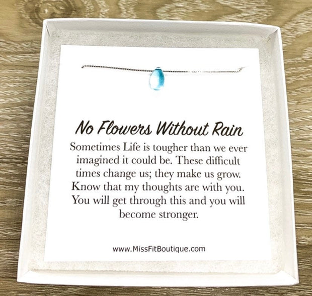 No Flowers Without Rain Card, Tiny Blue Tear Drop Necklace, Strength Gift, Water Drop Jewelry, Gift for Daughter, Uplifting Gift for Her