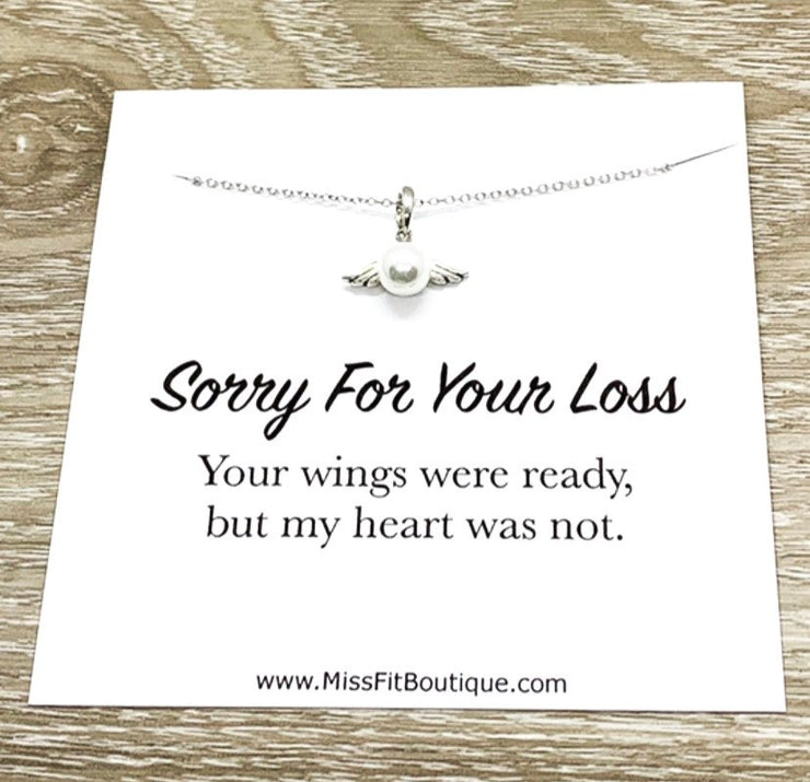 Sorry For Your Loss Card, Sterling Silver Pearl Angel Pendant, Tiny Angel Necklace, Remembrance Gift, Bereavement Gift for Women