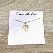 Happy Anniversary Card, Four Leaf Clover Necklace Gold, Good Luck Charm Necklace, Friendship Necklace, Minimalist Jewelry, Gift from Husband