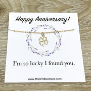 Happy Anniversary Card, Four Leaf Clover Necklace Gold, Good Luck Charm Necklace, Friendship Necklace, Minimalist Jewelry, Gift from Husband