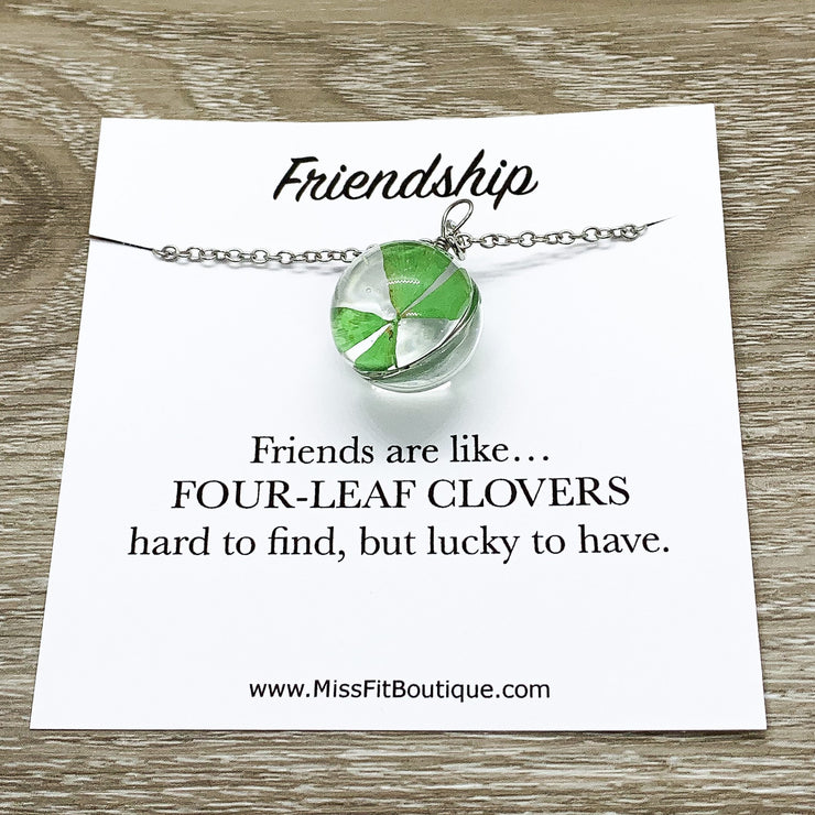 Real 4 Leaf Clover Necklace Sphere, Good Luck Charm Necklace, Friendship Necklace, Minimalist Jewelry, Simple Reminder, Birthday Gift