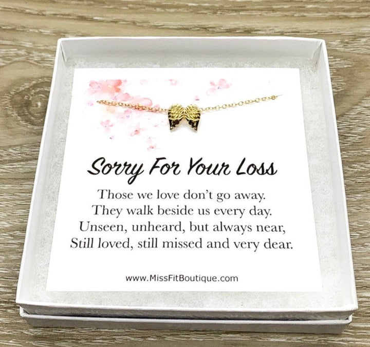 Tiny Angel Wings Necklace, Sorry For Your Loss Card, Grief Jewelry, Loss of Parent, Miscarriage Necklace, Loss of a Mom, Remembrance Gift