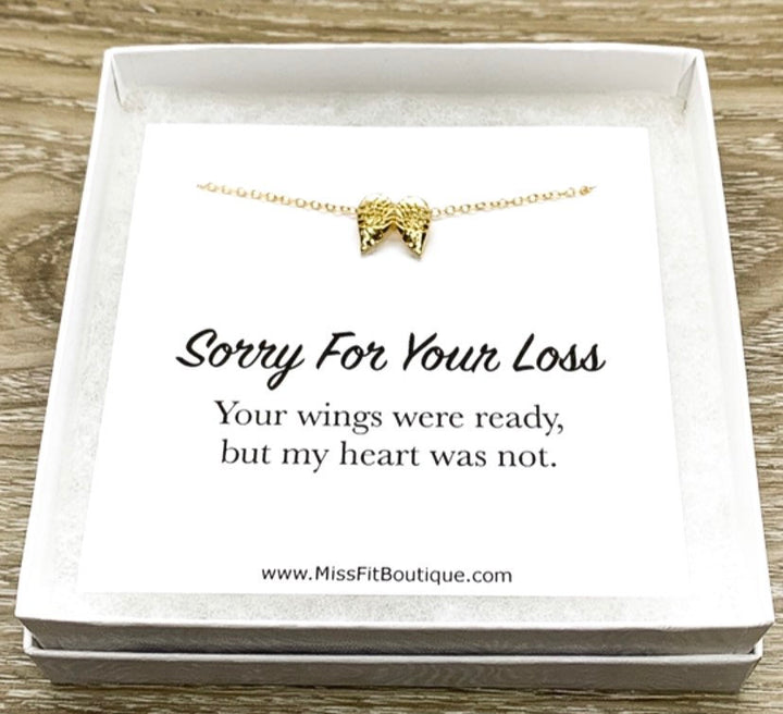 Tiny Angel Wings Necklace, Sorry For Your Loss Card, Grief Jewelry, Loss of Parent, Miscarriage Necklace, Loss of a Mom, Remembrance Gift