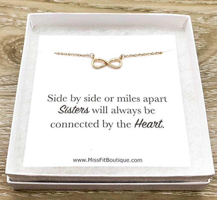 Dainty Infinity Necklace, Side by Side Card, Eternity Pendant, Gift for Sister, Infinity Necklace, Long Distance Gift for Women, Sister Gift