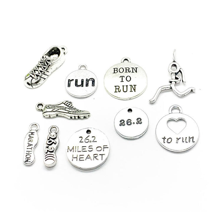 Marathon Charms Bundle, 26.2 Miles, Running Charm Lot, Bulk, Running Shoe Charms, Fitness Charms, Jewelry Findings, Stocking Stuffer