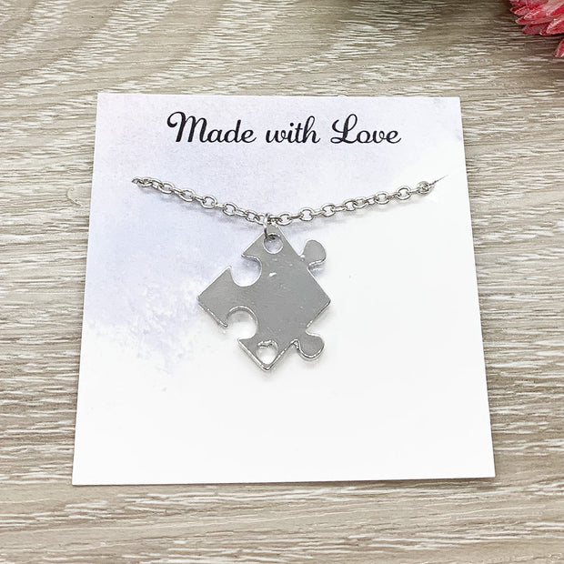 Puzzle Necklace, Silver Puzzle Piece Pendant, Puzzle Jewelry Rose Gold, Autism Awareness Gift, Gift for Mom with Child on Spectrum