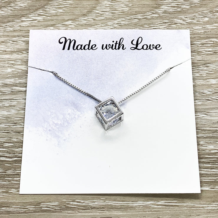 Dainty Cube Crystal Necklace, Tiny Sterling Silver Square Necklace, Cubic Jewelry, Bridesmaid Gift, Birthday, Stocking Filler for Her