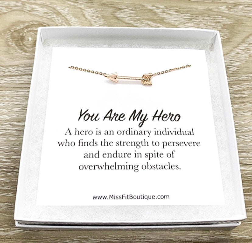 You Are My Hero, Arrow Necklace with Card, Inspirational Quote, Strength Necklace, Tiny Arrow Pendant, Gift for Mother, Motivational Gift
