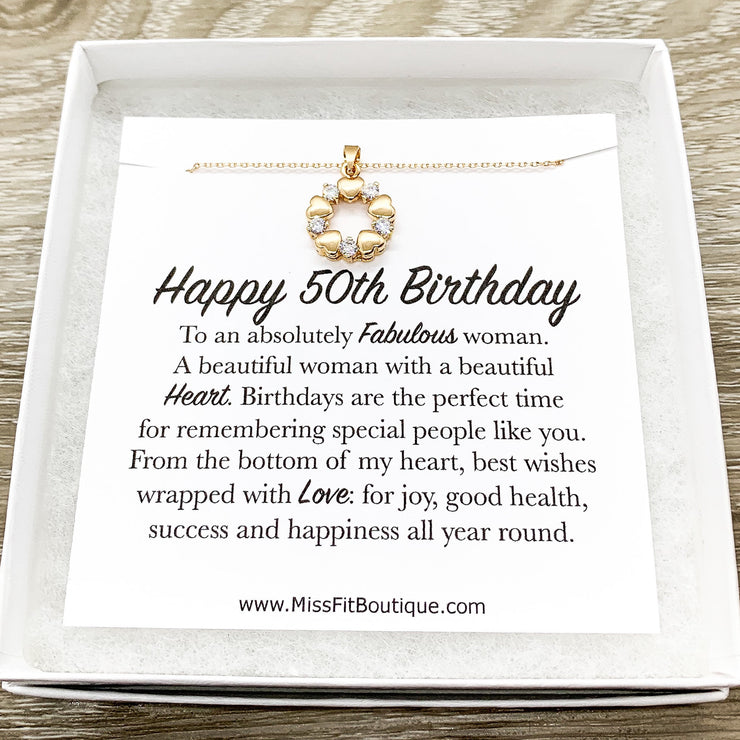 Happy 50th Birthday Gift, 5 Hearts Wreath Necklace, Personalized Card, 50th Birthday Gift for Women, Fifty and Fabulous Jewelry Gift, Golden