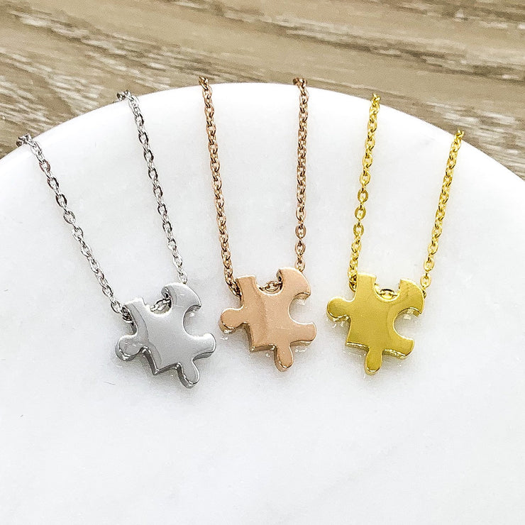 Puzzle Necklace, Dainty Puzzle Piece Pendant, Puzzle Jewelry Rose Gold, Autism Awareness Gift, Gift for Mom with Child on Spectrum