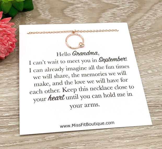Hello Grandma Card, Dainty Heart Necklace, Gift for New Grandma, Pregnancy Announcement Gift, Grandmother Necklace, New Baby Reveal Gift