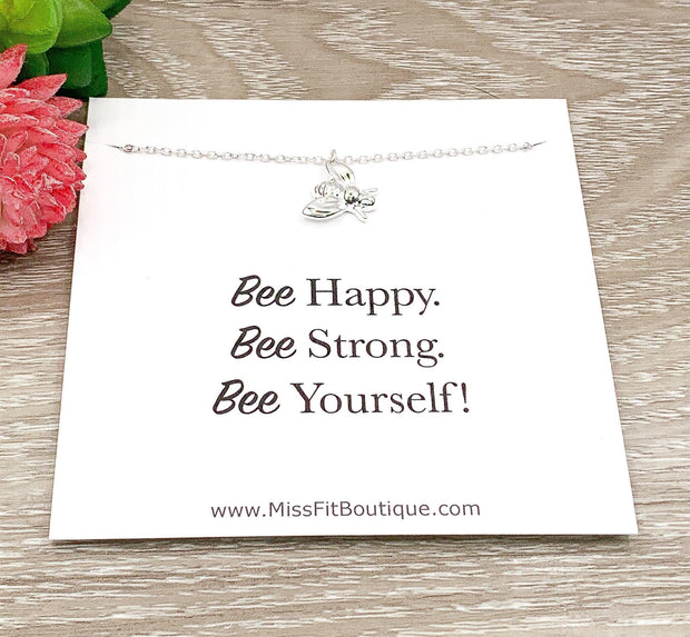 Bee Happy, Be Yourself Card, Tiny Bee Necklace, Rose Gold Bee Pendant, Bee Jewelry, Affirmation Gift, Strength Jewelry Gift, Gift from Mom