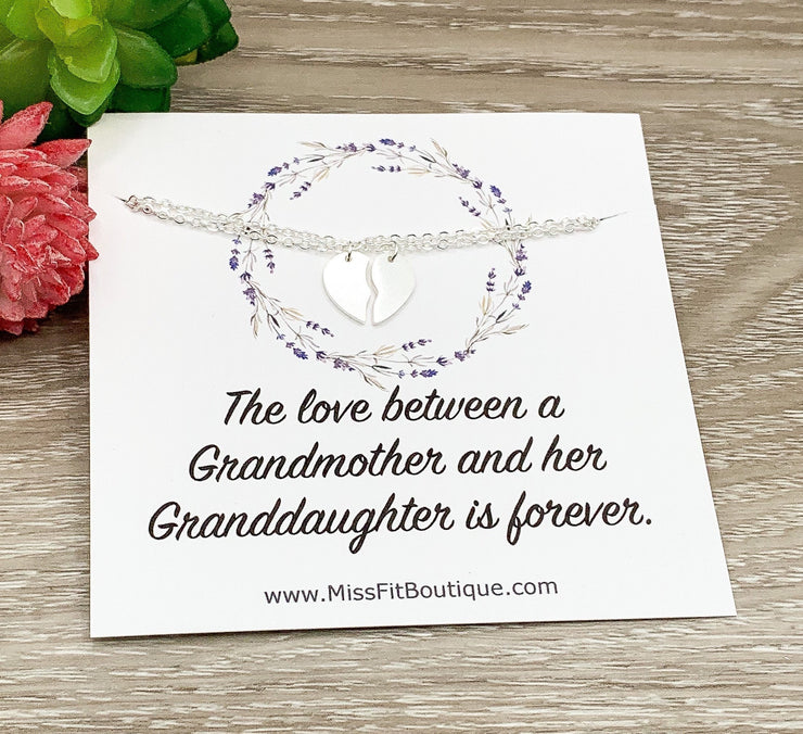 Grandmother Granddaughter Necklace Set for 2, Split Hearts, Matching Half Heart Pendants, You Complete Me, Meaningful Gift for Grandma