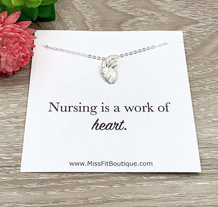 Nurse Appreciation Card, Anatomical Heart Necklace, Nursing Jewelry, Nursing is a Work of Heart, Gift from Patient, Nursing Student Graduate