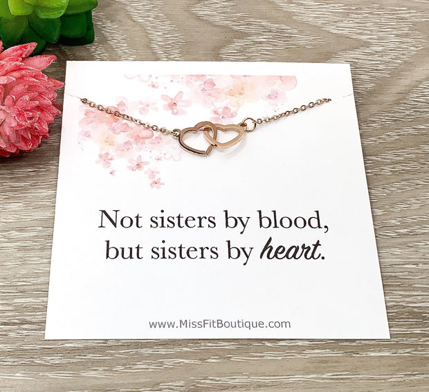 Not Sisters By Blood Card, Double Heart Necklace, Two Interlocking Hearts Necklace, Sisters Gift, Unbiological Sister Gift, Birthday Gift