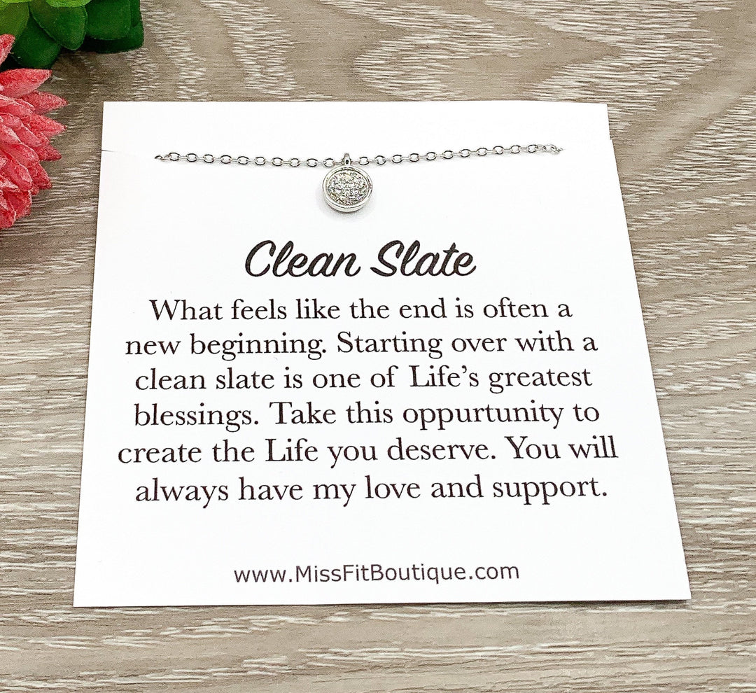 Clean Slate Necklace, New Beginning Gift, Round CZ Necklace, Sterling Silver Solitaire Pendant, Breakup Gift for Her, Encouragement Gift