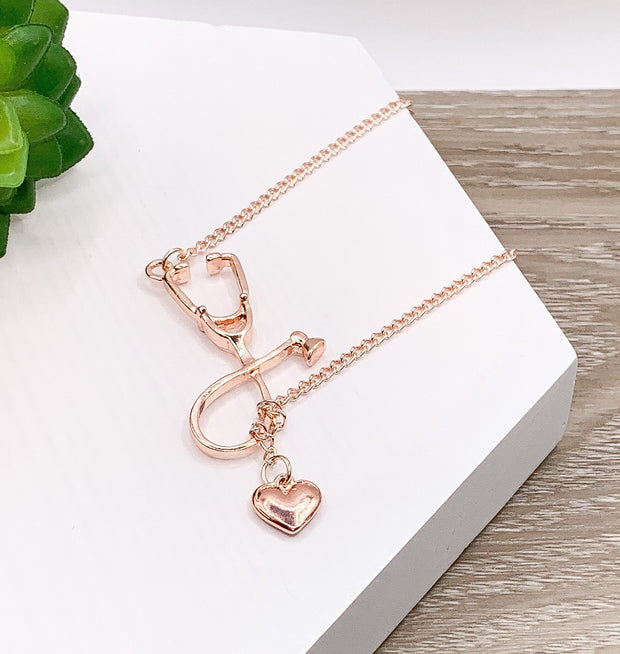 Stethoscope Necklace Rose Gold, Nursing is a Work of Heart Card, Nurse Appreciation Gift, Thank You Gift from Patient, Nursing Student Gift