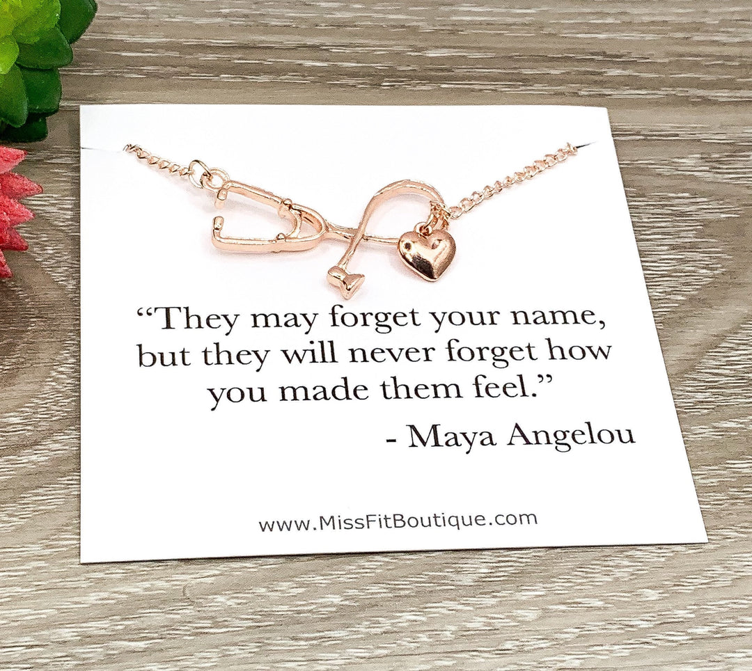 Stethoscope Necklace Rose Gold, Maya Angelou Quote, Nurse Appreciation Gift, Thank You Gift from Patient, Nursing Student Gift, Grateful