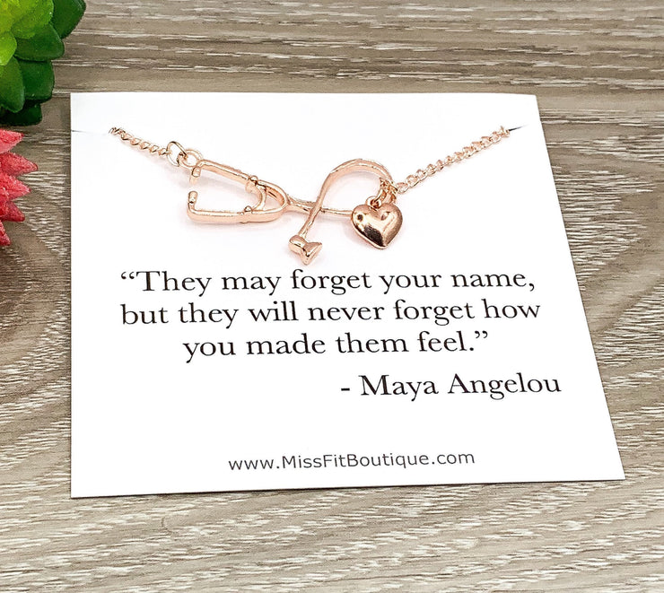 Stethoscope Necklace Rose Gold, Maya Angelou Quote, Nurse Appreciation Gift, Thank You Gift from Patient, Nursing Student Gift, Grateful