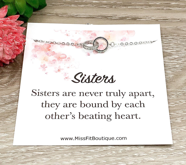 Sisters Necklace, Double Circles Necklace Sterling Silver, Two Interlocking Circles Necklace, Cubic Zirconia Pendant, Sisters Gift, Birthday