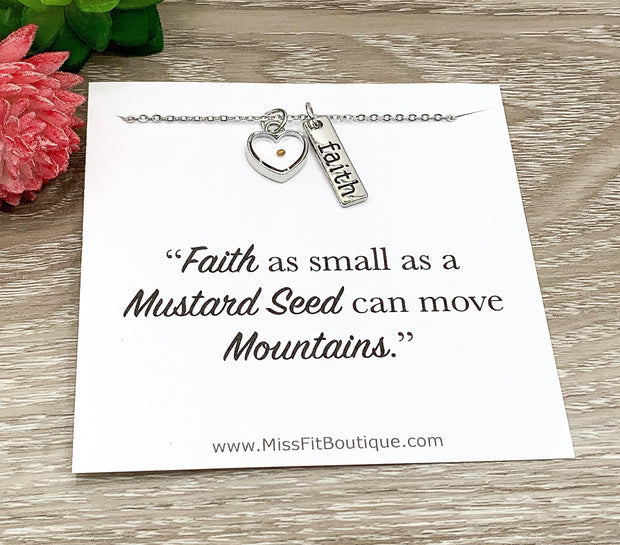 Faith Charm Necklace, Mustard Seed Necklace, Move Mountains Quote, Motivational Jewelry, Christian Necklace, Religious Jewelry