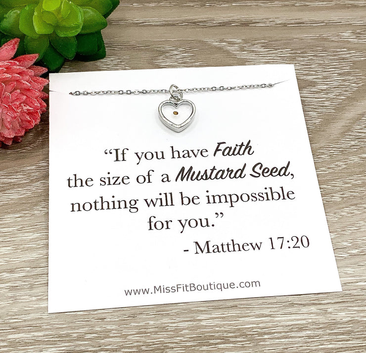 Faith Like a Mustard Seed Necklace, Matthew 17:20 Bible Verse, Heart Charm, Christian Necklace, Strength Necklace, Cancer Survivor Gift