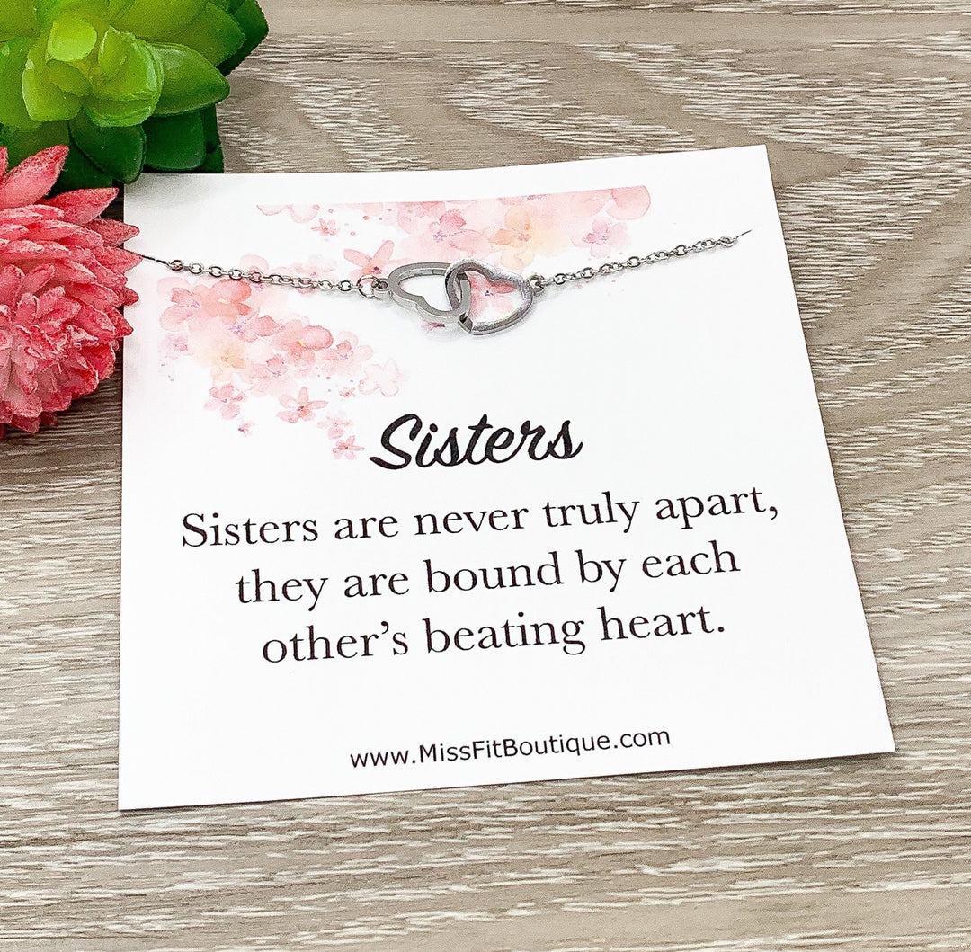 Sisters Are Never Truly Apart Card, 2 Heart Necklace, Double Heart Necklace, Dual Lovers Gift, Sisters Jewelry, Sisterhood Necklace
