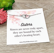 Sisters Are Never Truly Apart Card, 2 Heart Necklace, Double Heart Necklace, Dual Lovers Gift, Sisters Jewelry, Sisterhood Necklace