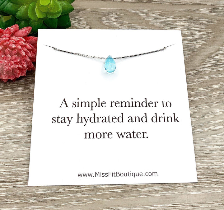 Stay Hydrated, Water Drop Necklace Sterling Silver, Blue Teardrop Pendant, Simple Reminder Gift, Healthy Habits Gift, Weight Loss Gift