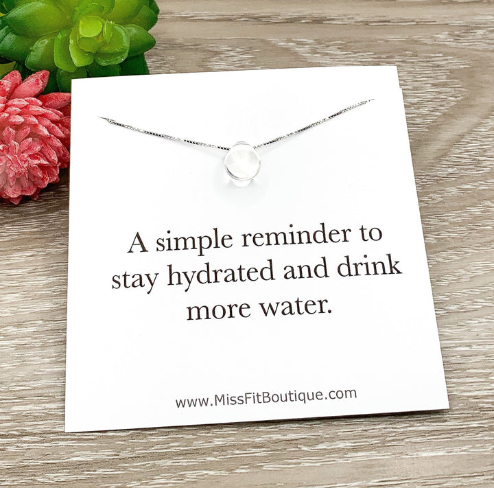 Stay Hydrated, Water Drop Necklace Sterling Silver, Clear Teardrop Pendant, Healthy Habits Gift, Cute Weight Loss Gift, Simple Reminder