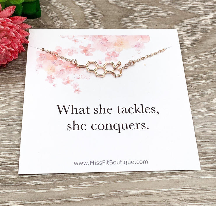 Estrogen Necklace, What She Tackles, She Conquers Quote, Affirmation Gift, Molecular Jewelry, Empowering Gift, Feminist Jewelry, Friendship