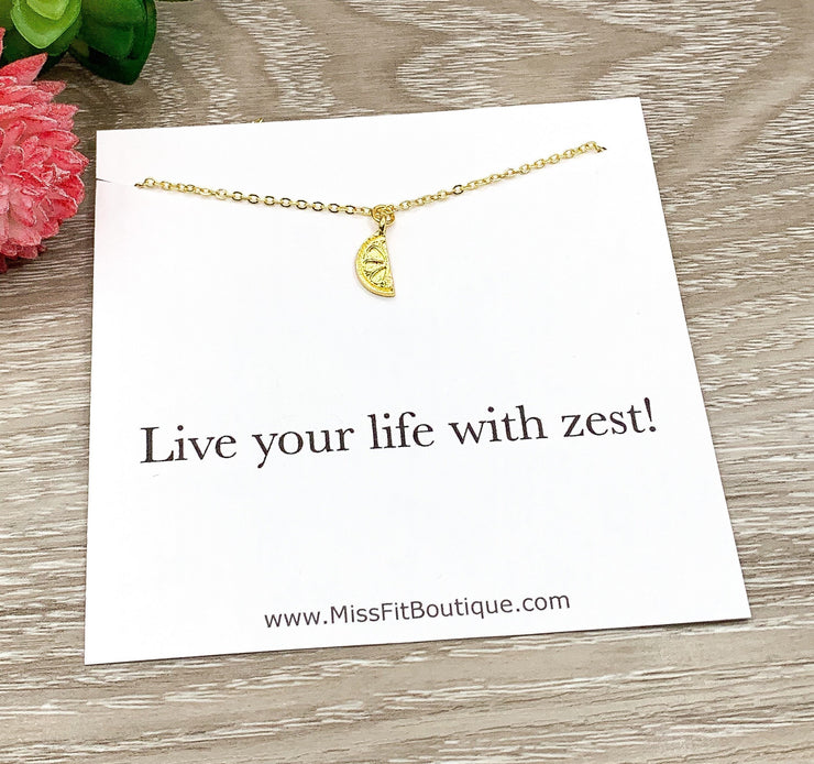 Lemon Necklace, Live Life with Zest Card, Tiny Lemon Slice Pendant, Uplifting Gift for Her, Citrus Jewelry, Fruit Necklace, Summer Jewelry