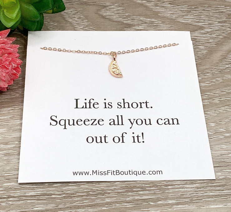 Lemon Necklace, Life is a Squeeze Card, Tiny Lemon Slice Pendant, Uplifting Gift for Her, Citrus Jewelry, Fruit Necklace, Summer Jewelry