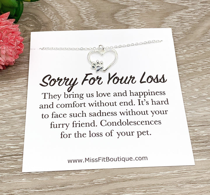 Paw Print Necklace Silver, Sorry for Your Loss Card, Pet Memorial Gift, Loss of Pet Necklace, Remembrance Jewelry for Women, Dog Owner Gift