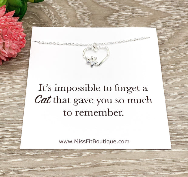 Pawprint Necklace Silver, Impossible to Forget a Cat, Cat Memorial Gift, Loss of Cat Necklace, Remembrance Jewelry for Women, Cat Owner Gift