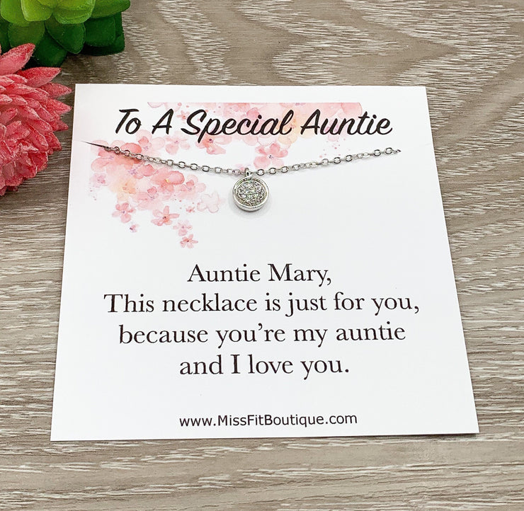 Special Auntie Necklace, Personalized Gift from Niece, Sterling Silver Round CZ Necklace, Dainty Solitaire Pendant, Meaningful Gift for Aunt