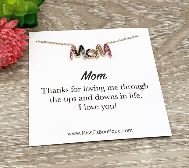 MOM Necklace, Thank You Mom Quote Card, Rhinestones, Mom Jewelry, Layering Necklace, Dainty Jewelry, Gift from Daughter, Gift from Kids