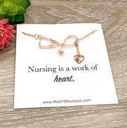Stethoscope Necklace Rose Gold, Nursing is a Work of Heart Card, Nurse Appreciation Gift, Thank You Gift from Patient, Nursing Student Gift