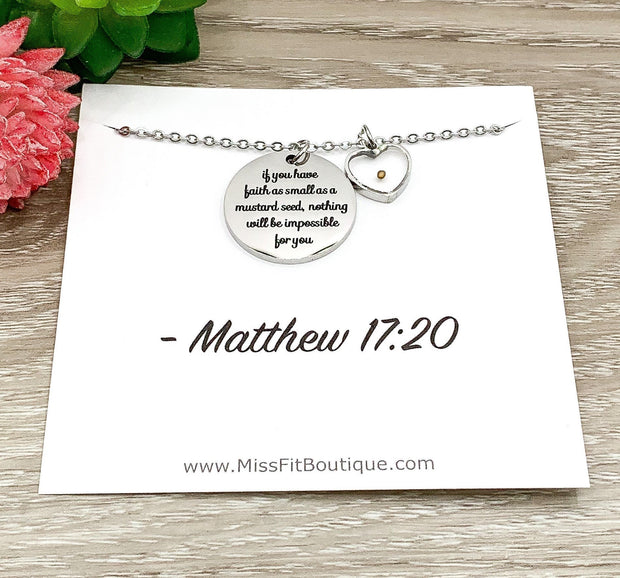 Faith Like a Mustard Seed Charm Necklace, Matthew 17:20 Bible Verse, Christian Necklace, IVF Struggle Gift, Cancer Survivor Gift