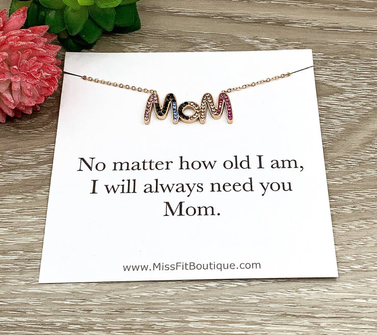 MOM Necklace, Mother Jewelry Rose Gold, Mom Gift from Adult Kids, Gift from Daughter, Mom Birthday Card, I Love You Mom, Mother’s Day Gift