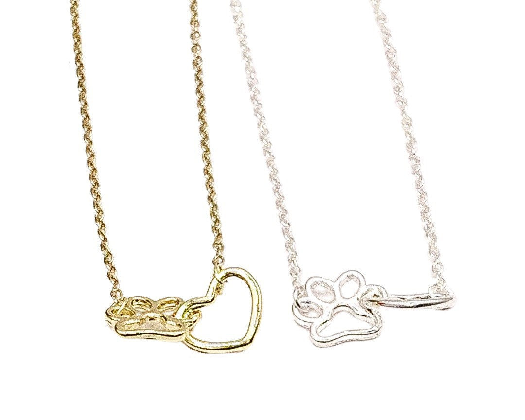 Paw Print Necklace, Interlocking Heart Pendant, Dog Owner Necklace, Gift for Cat Owner, Pet Memorial Gift, Loss of Dog Keepsake, Remembrance