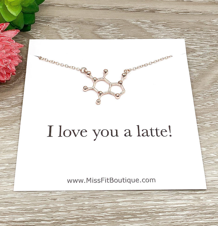 I Love You A Latte Card, Coffee Lover Gift, Caffeine Molecule Necklace, Coffee Jewelry, Gift for Best Friend, Unbiological Sister Gift