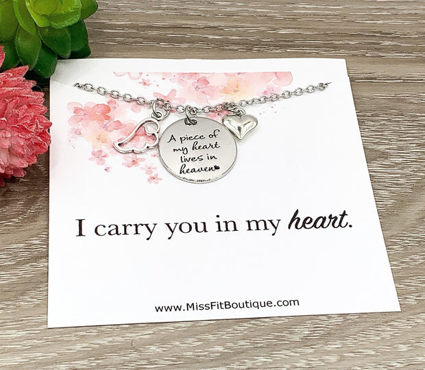 A Piece Of My Heart is in Heaven Charm Necklace, I Carry You In My Heart Card, Christian Necklace, Remembrance Necklace for Mother, Loss