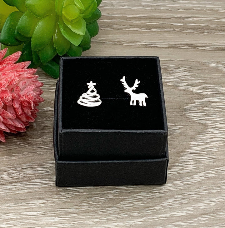 Tiny Christmas Stud Earrings, Reindeer Earrings, Sterling Silver Jewelry, Holiday Jewelry, Asymmetric Earrings, Stocking Stuffer for Her