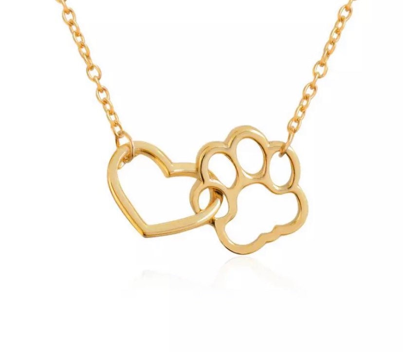 Paw Print Necklace, Interlocking Heart Pendant, Dog Owner Necklace, Gift for Cat Owner, Pet Memorial Gift, Loss of Dog Keepsake, Remembrance