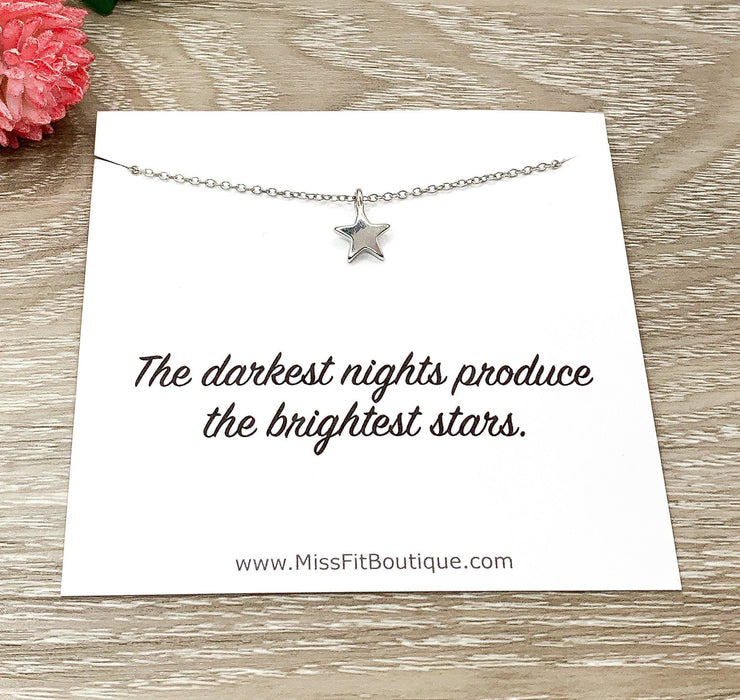 Tiny Star Necklace, Mental Health Jewelry Gift, Positive Words Card, Celestial Jewelry, Inspirational Gift for Her, Darkest Nights Quote